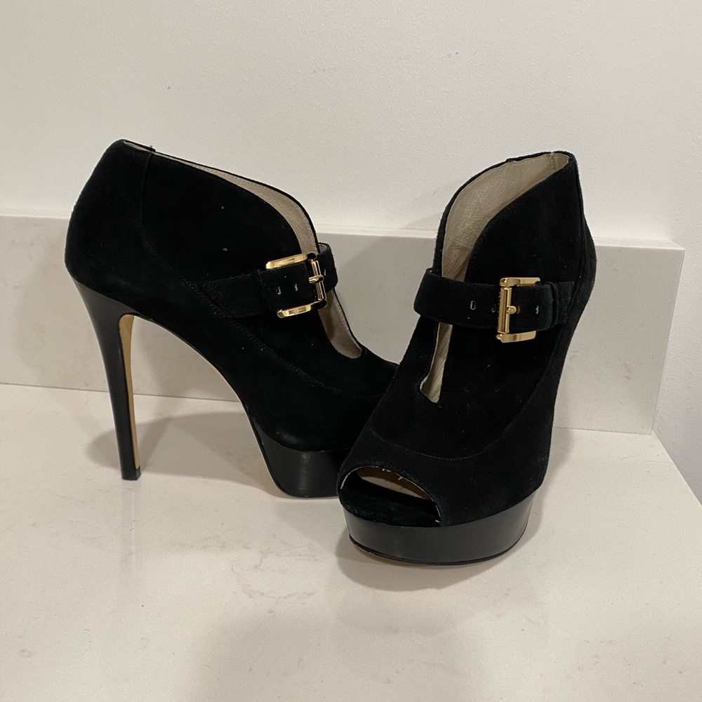 Michael Kors Black Suede Peep Toe Cutout Stiletto Heels booties